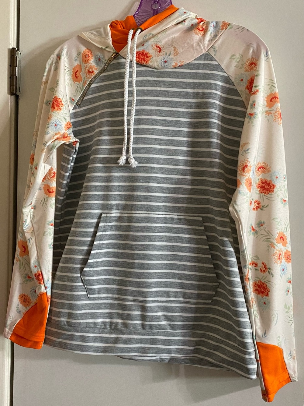 Ampersand Avenue Striped Gray Hoodie with Floral Sleeves and Orange Accents